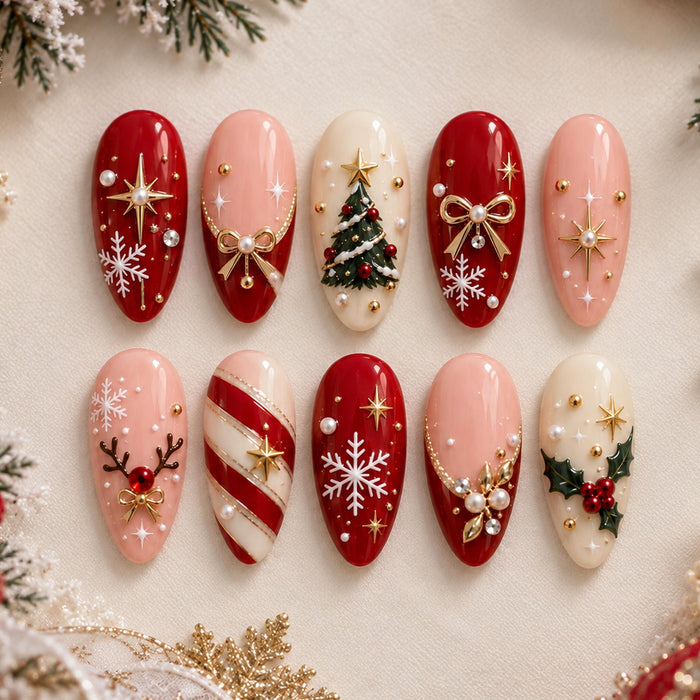 Red, Blush Pink and Ivory Christmas Press On Nails with Bows, Snowflakes and Gold Details