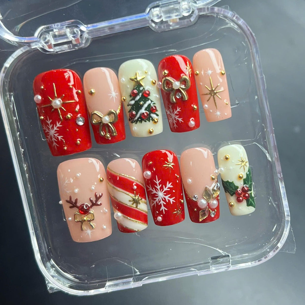 Red, Blush Pink and Ivory Christmas Press On Nails with Bows, Snowflakes and Gold Details