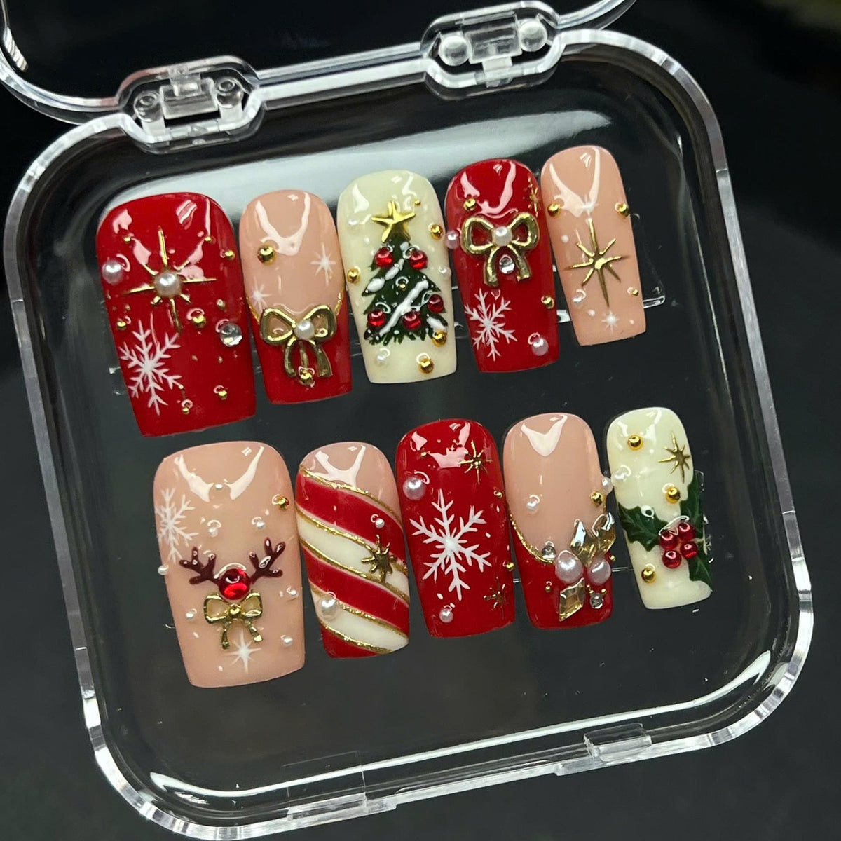 Red, Blush Pink and Ivory Christmas Press On Nails with Bows, Snowflakes and Gold Details