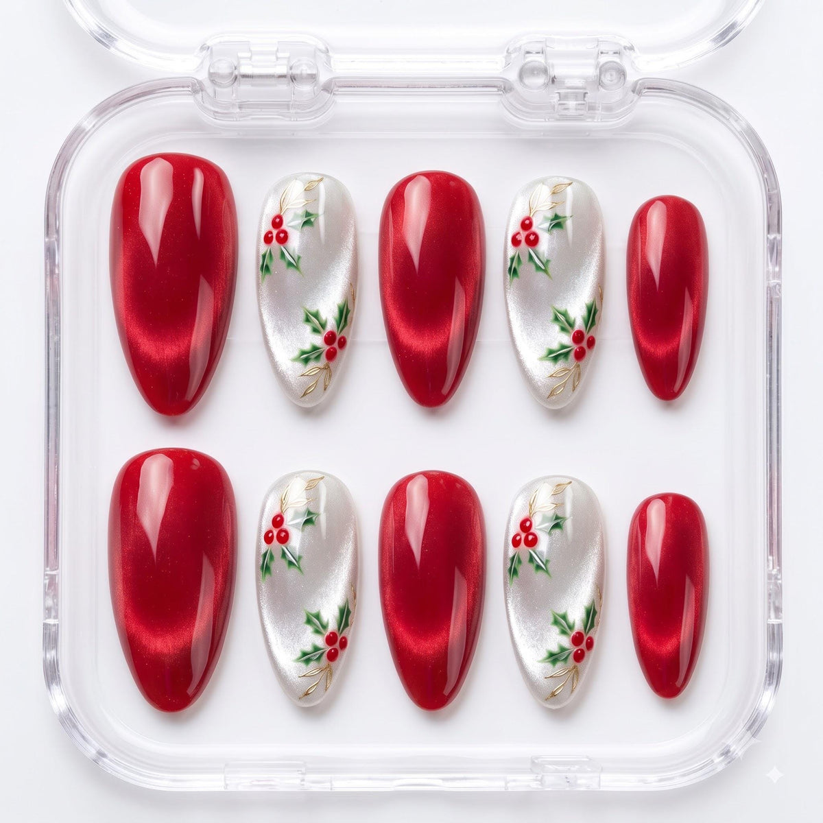 Red Cat Eye and Pearly White Christmas Holly Nail Set