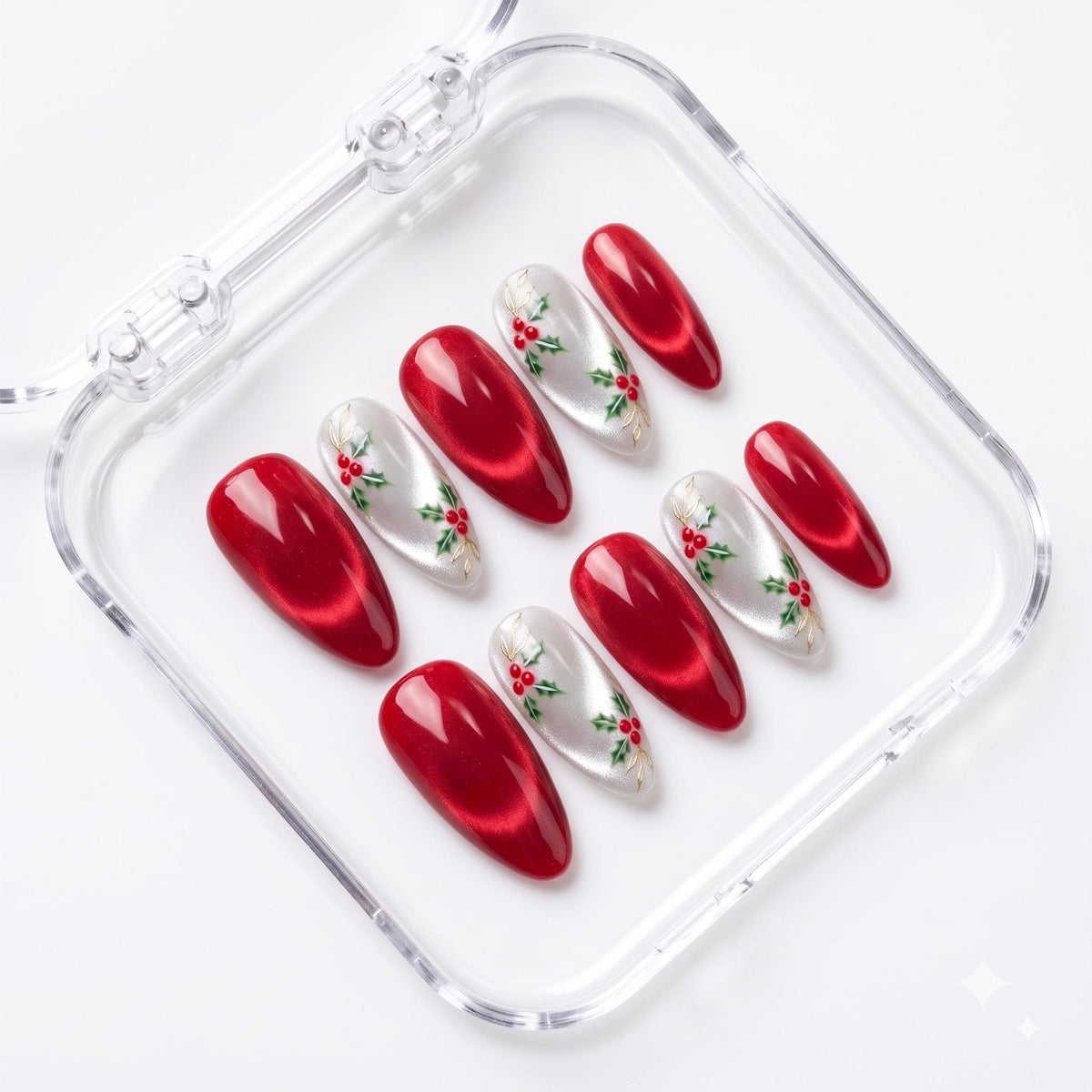 Red Cat Eye and Pearly White Christmas Holly Nail Set