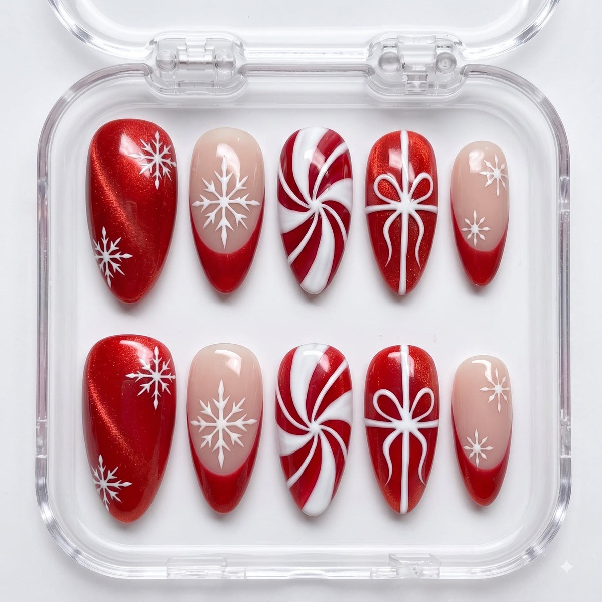 Red Cat-Eye Snowflake and Peppermint Bow Press-On Nail Set