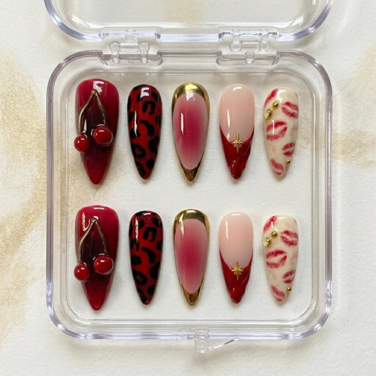 Red Cherry and Leopard Print Nail Set with Gold Accents