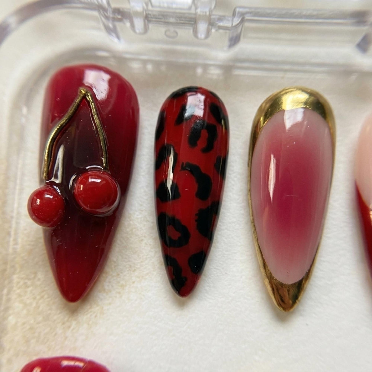 Red Cherry and Leopard Print Nail Set with Gold Accents