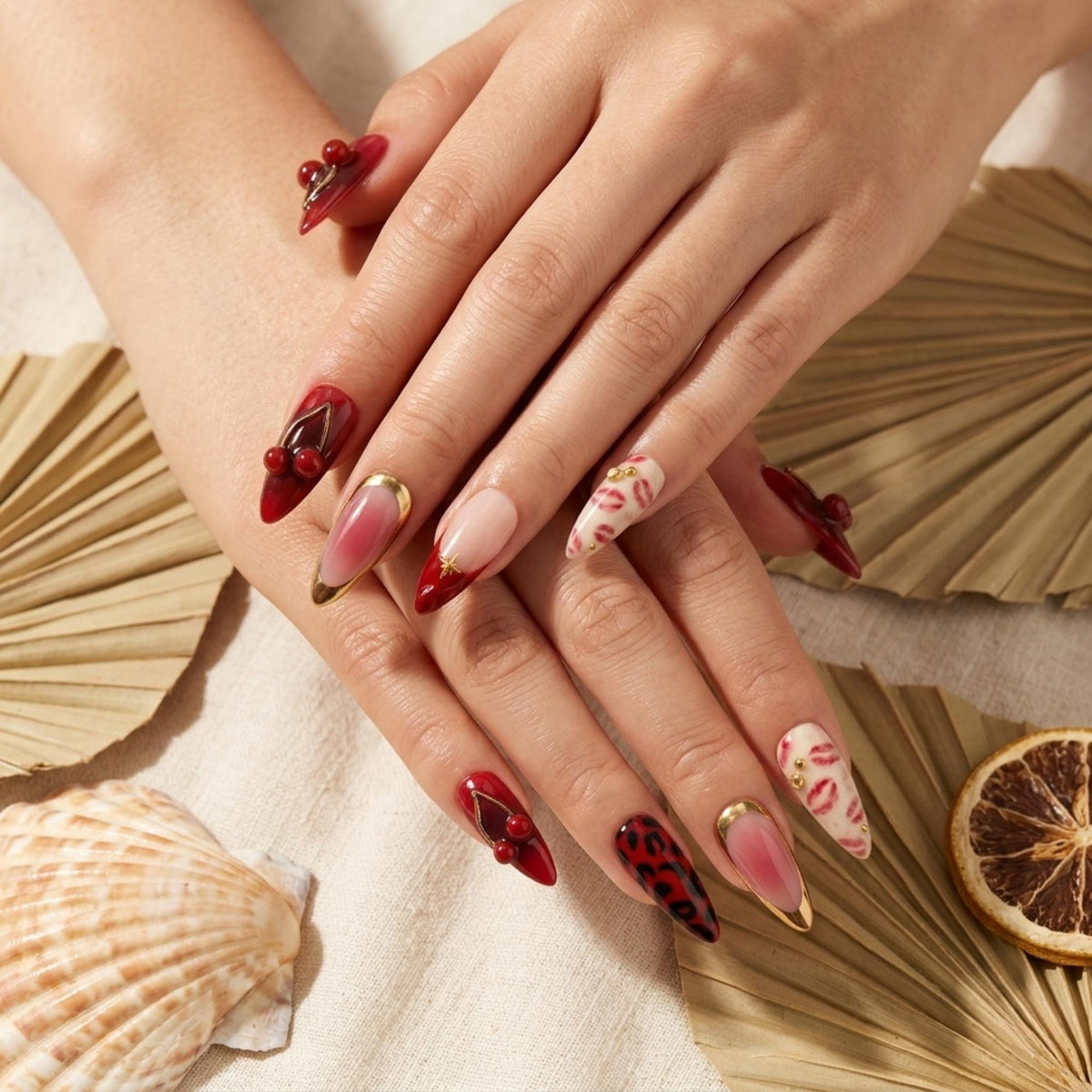 Red Cherry and Leopard Print Nail Set with Gold Accents