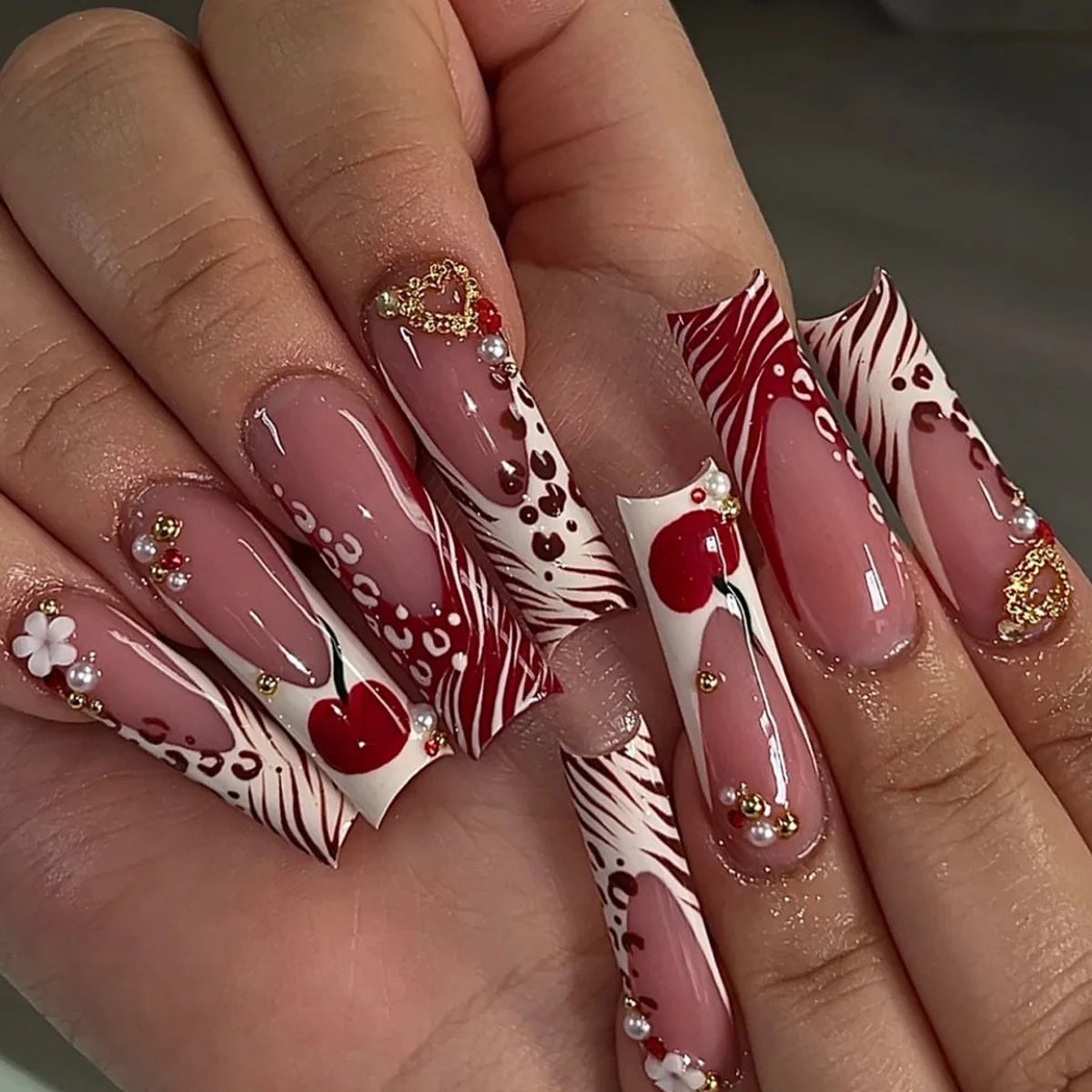 Red Cherry and Zebra Print Press-On Nails with Rhinestone Accents