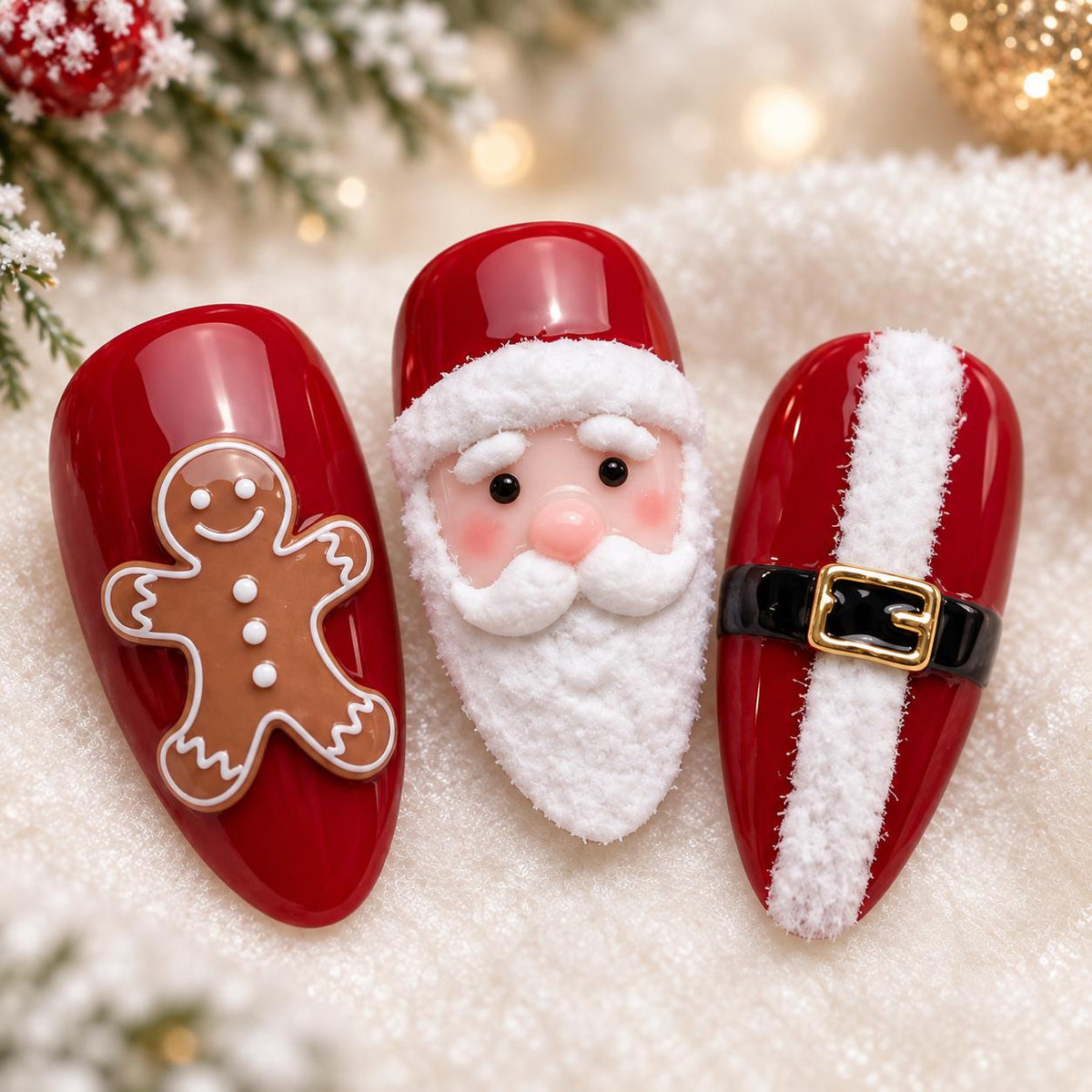 Red Christmas Press On Nails With Santa, Gingerbread, Candy Canes and Fluffy French Tips