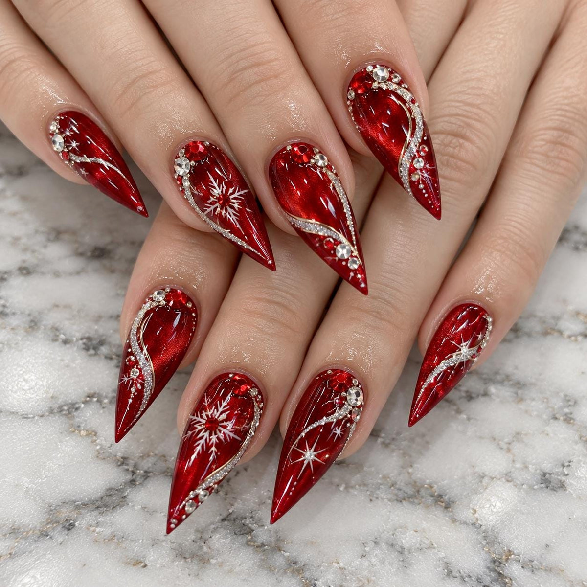 Red Chrome Christmas Snowflake Press-On Nails With Silver Accents and Rhinestones