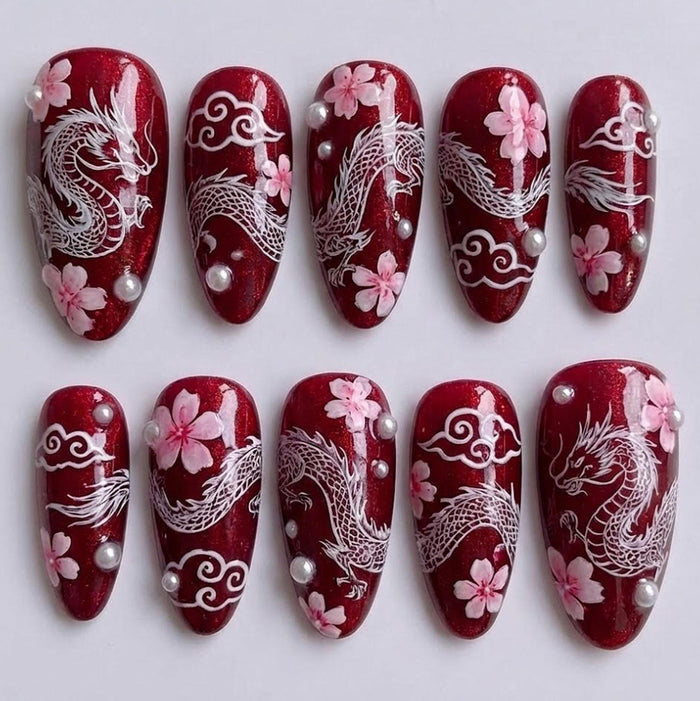 Red Dragon and Pink Cherry Blossom Press On Nail Set