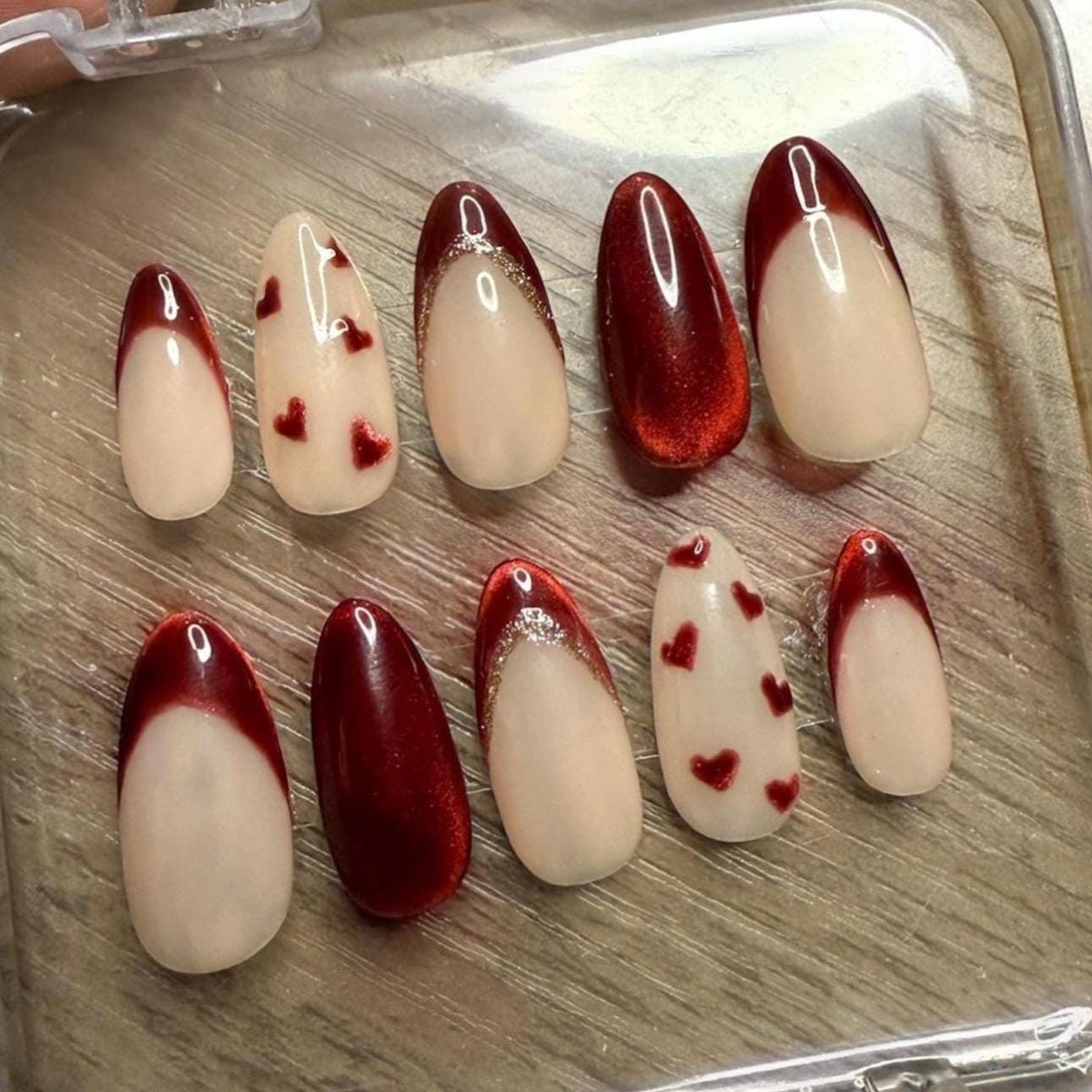 Red French Tip and Heart Press On Nails with Shimmer and Gold-Toned Edging