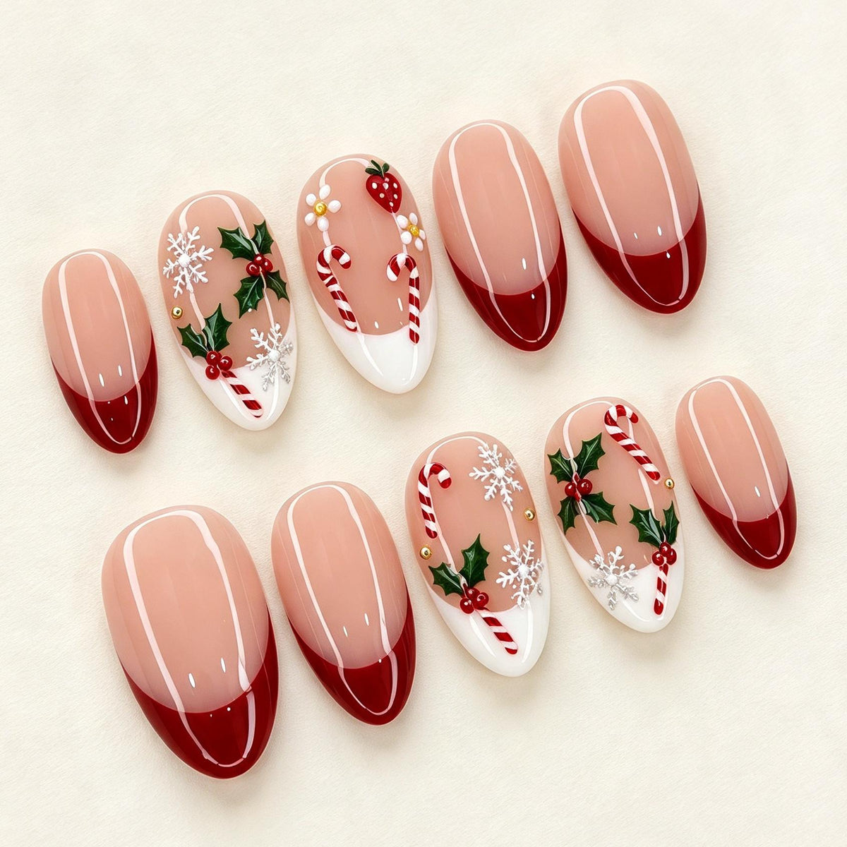 Red French Tip Christmas Press-On Nails With Holly, Candy Canes & Snowflakes