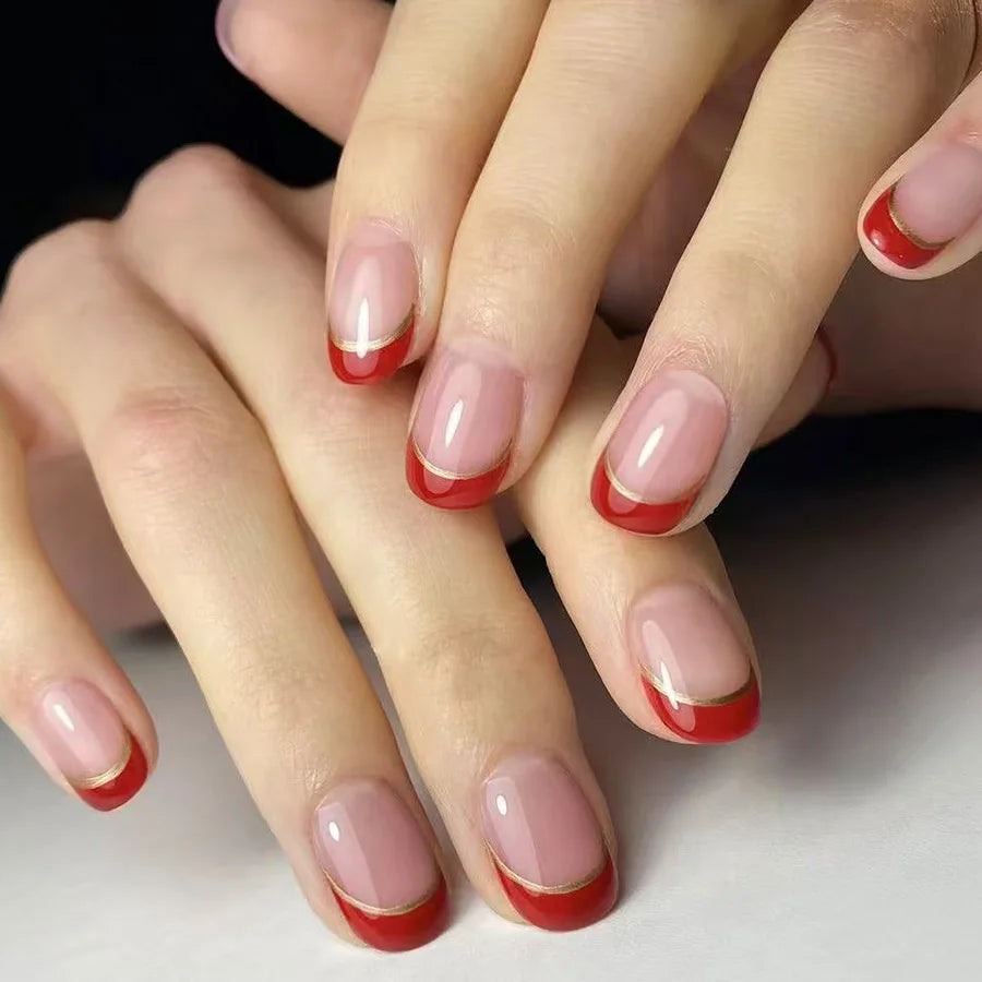 Red French Tip Press-On Nails with a Sheer Pink-Nude Base