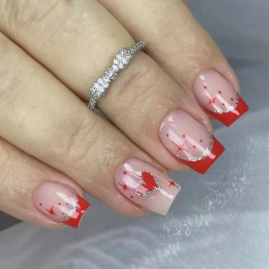 Red French Tip Press-On Nails with Silver Glitter and Heart Accent