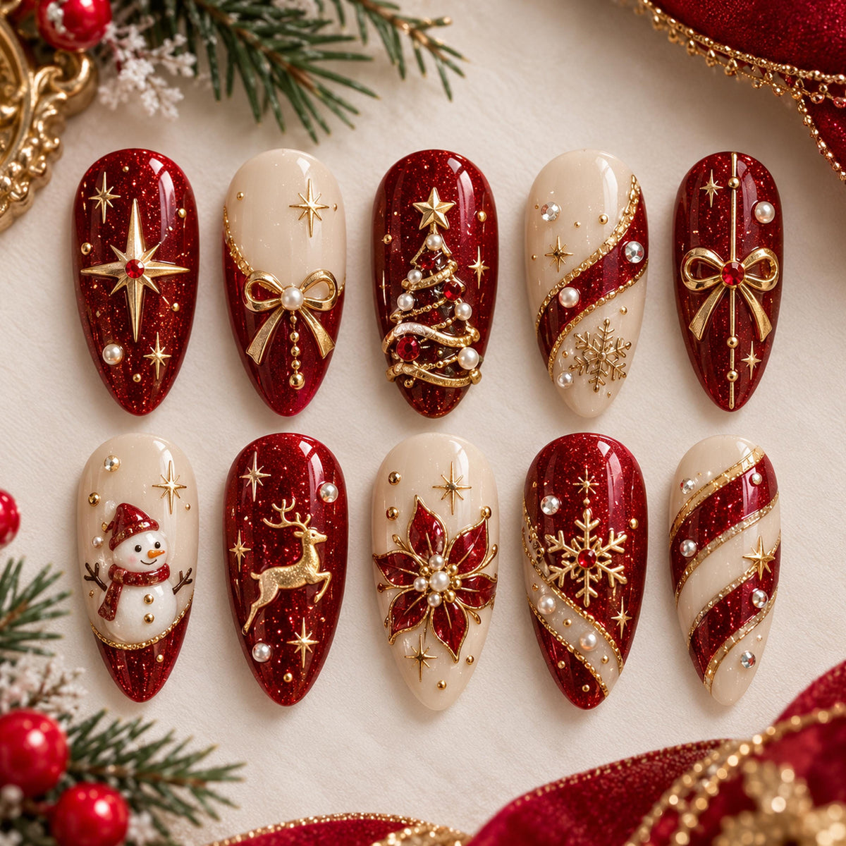 Red Glitter and Ivory Christmas Nails With Gold Bows, Trees, and Winter Motifs
