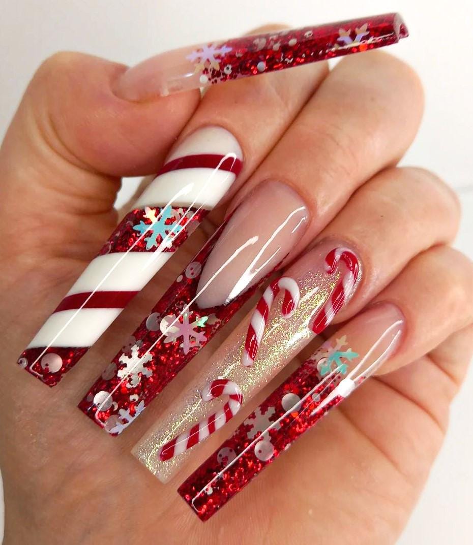 Red Glitter Candy Cane and Snowflake Christmas Nail Set