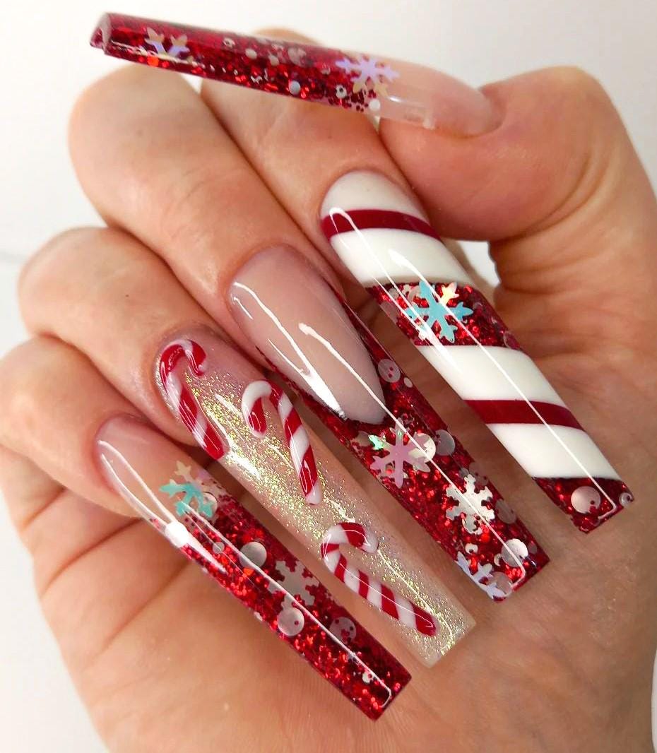 Red Glitter Candy Cane and Snowflake Christmas Nail Set