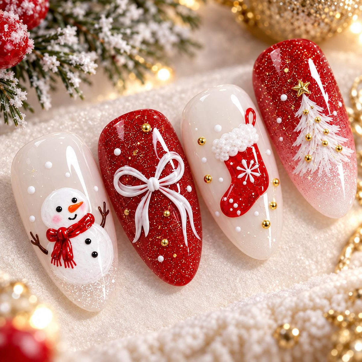 Red Glitter Christmas Nail Set With Snowman, Tree, Candy Cane and Holiday Details