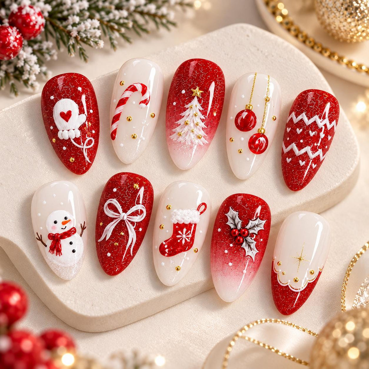 Red Glitter Christmas Nail Set With Snowman, Tree, Candy Cane and Holiday Details