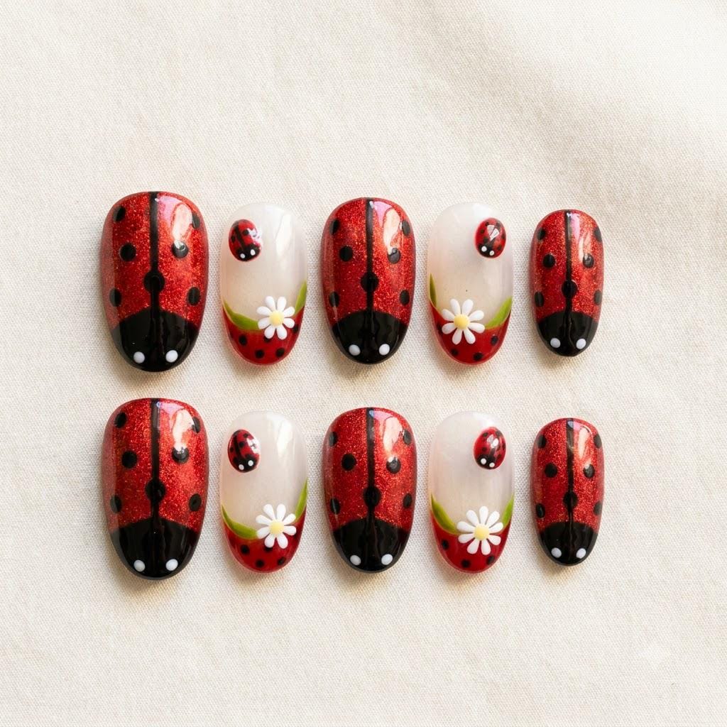 Red Glitter Ladybug and Daisy Press On Nails