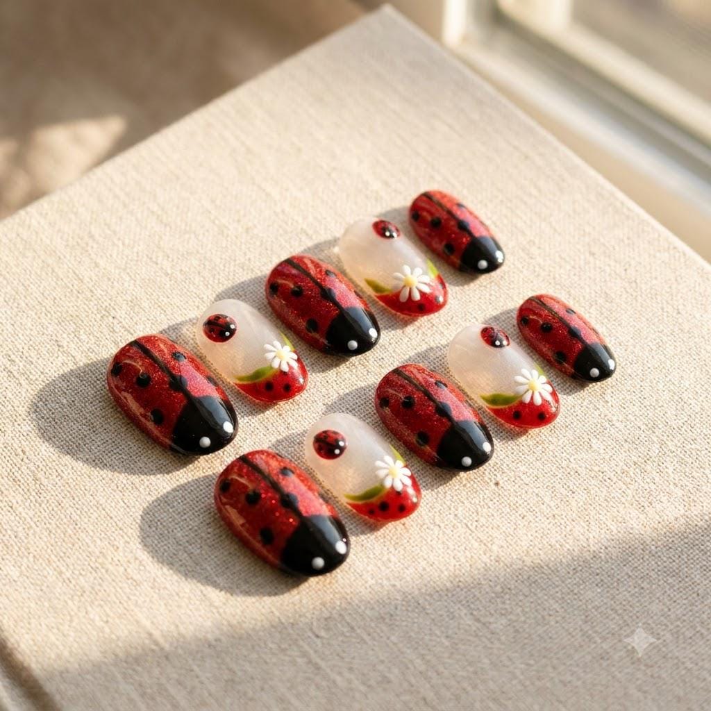 Red Glitter Ladybug and Daisy Press On Nails