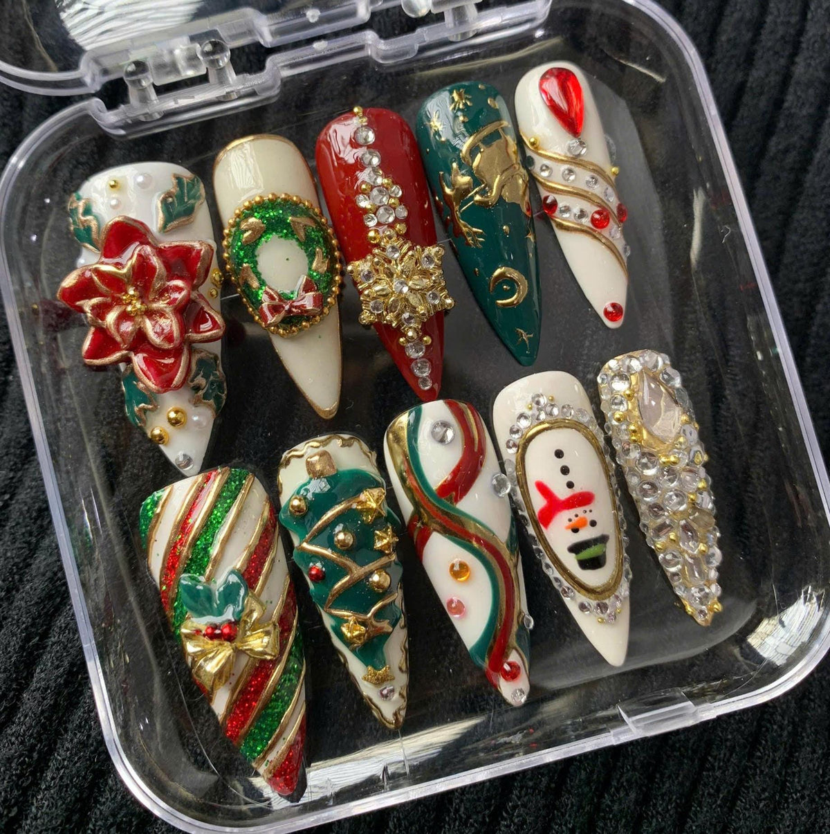 Red, Green and Gold Christmas Nails with 3D Poinsettia, Wreath, Tree and Snowman