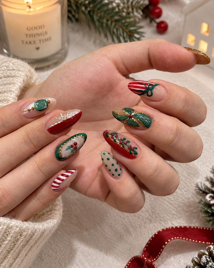 Red, Green and White Christmas Press On Nails With Candy Cane Stripes, Bows and Gold Details