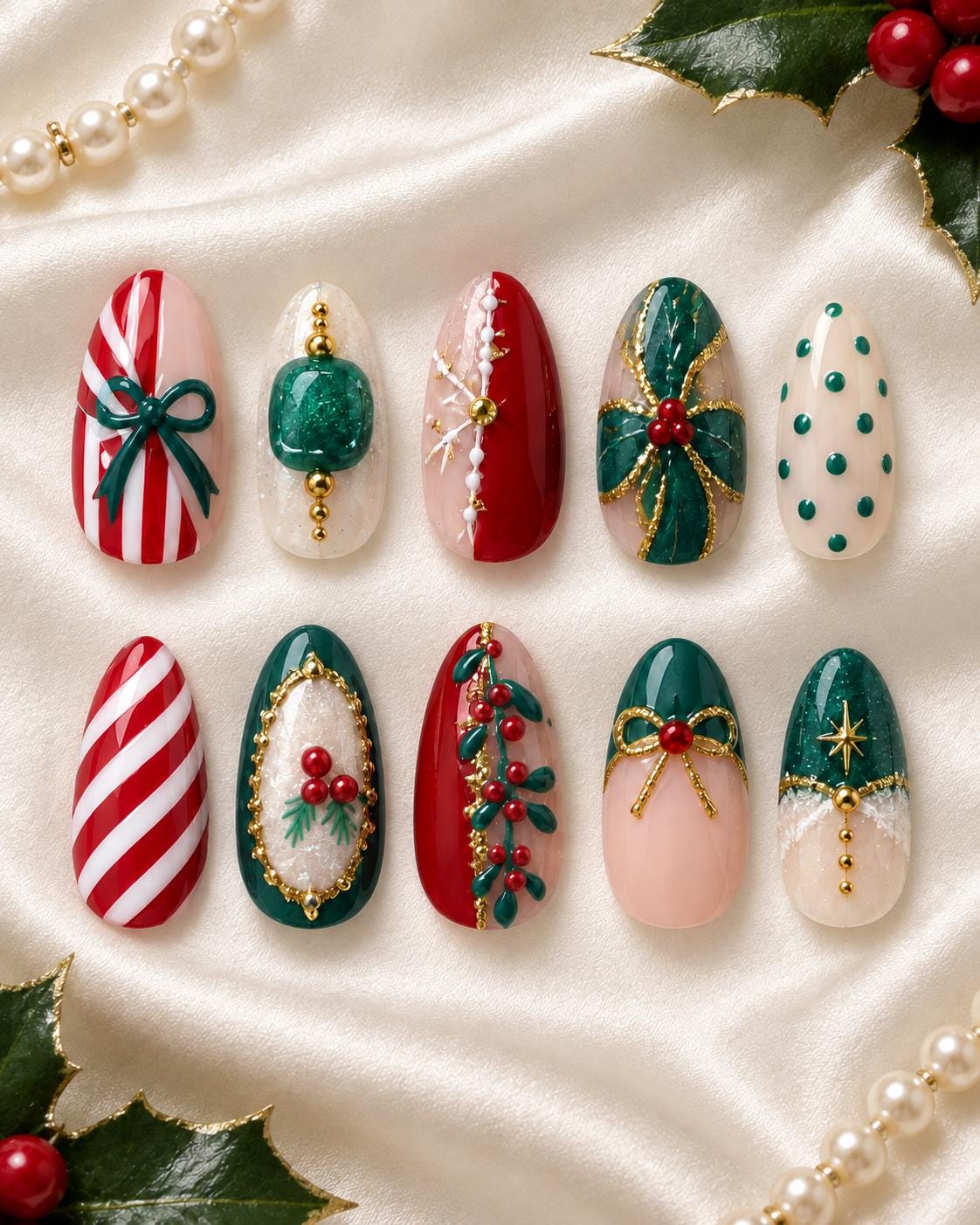 Red, Green and White Christmas Nails With Candy Cane Stripes, Bows and Gold Details