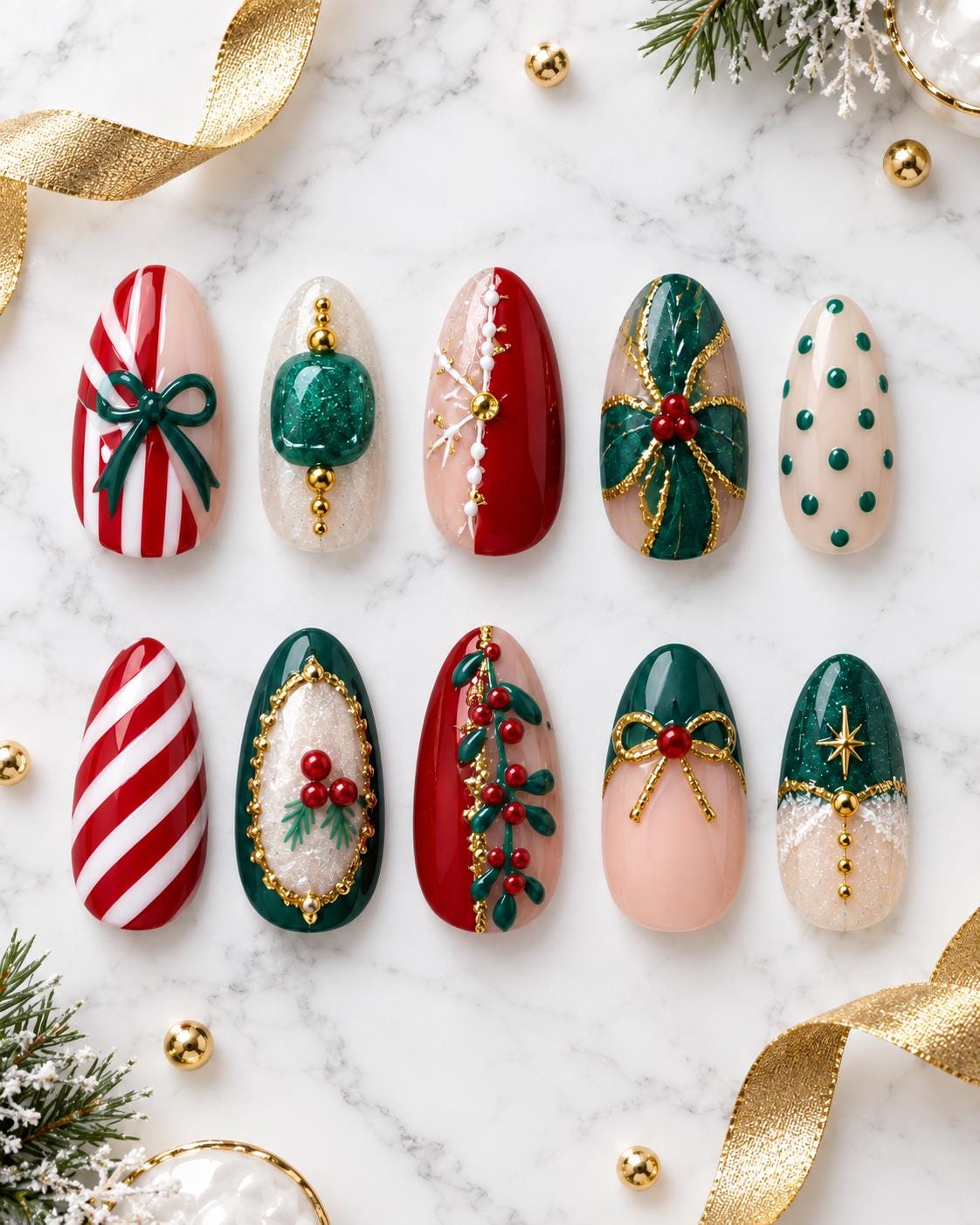 Red, Green and White Christmas Nails With Candy Cane Stripes, Bows and Gold Details