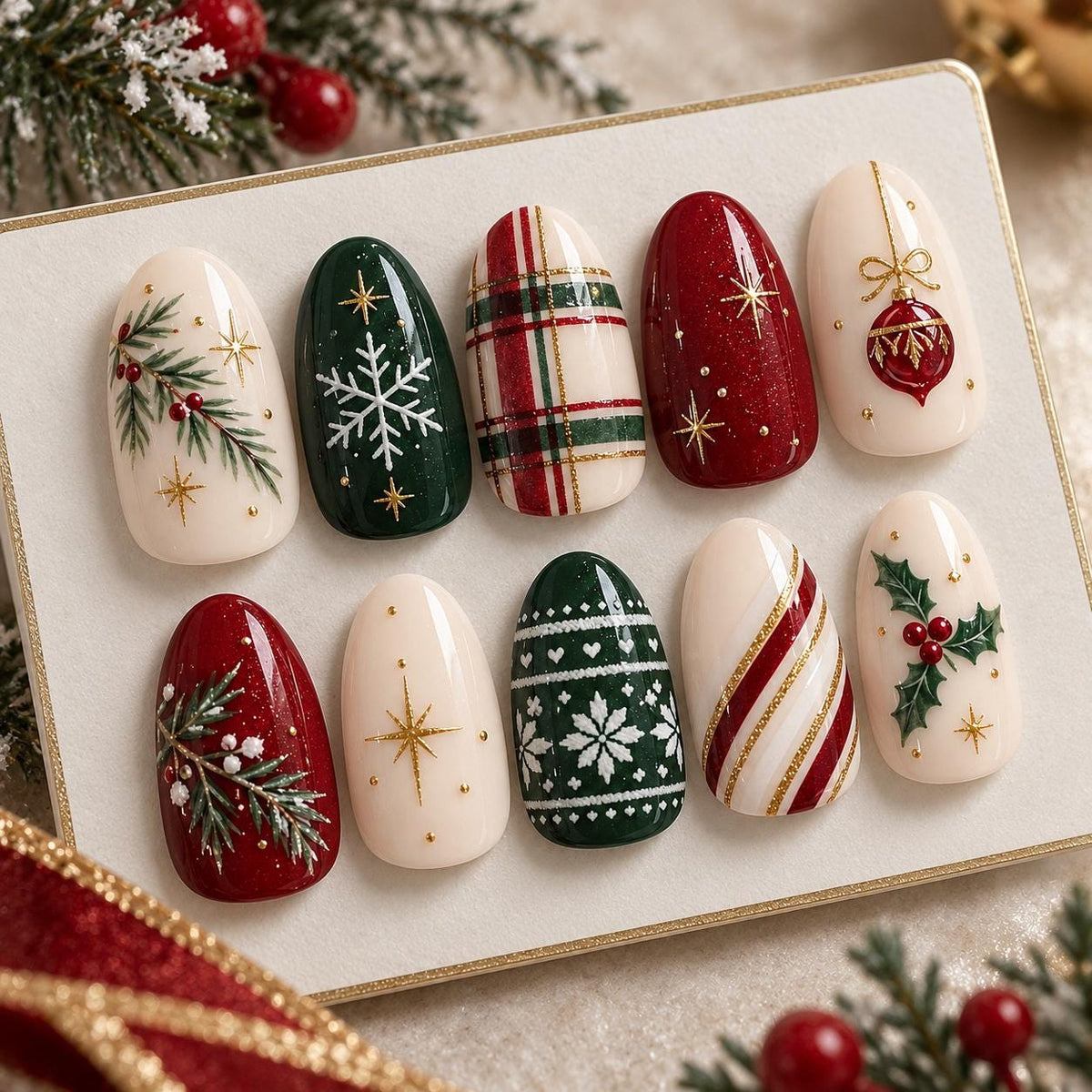 Red, Green & Ivory Christmas Nails With Plaid, Holly and Gold Glitter