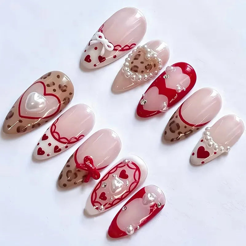 Red Heart and Bow Press-On Nails with Leopard Print and Pearl Details
