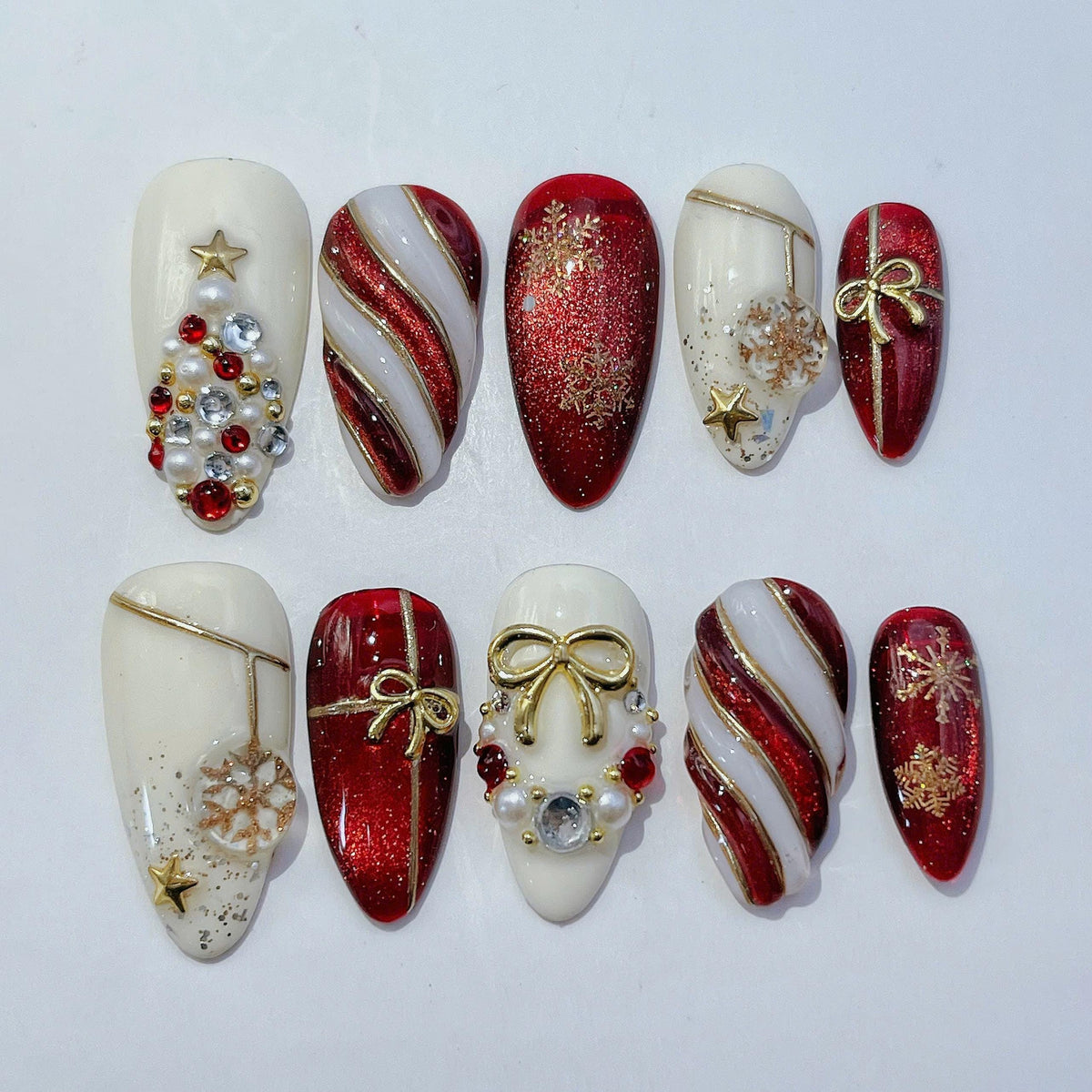 Red, Ivory & Gold Christmas Nails with Bows, Snowflakes and Rhinestones