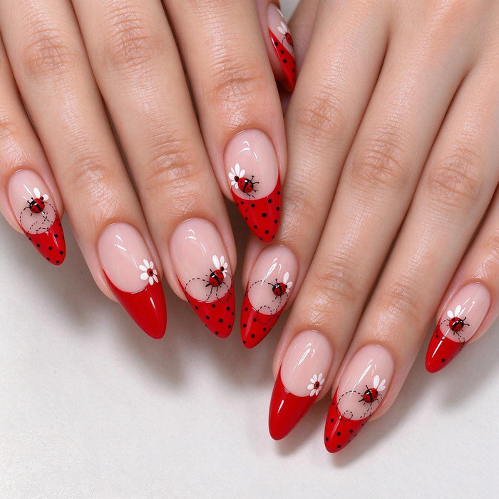 Red Ladybug and Daisy French Tip Press On Nail Set