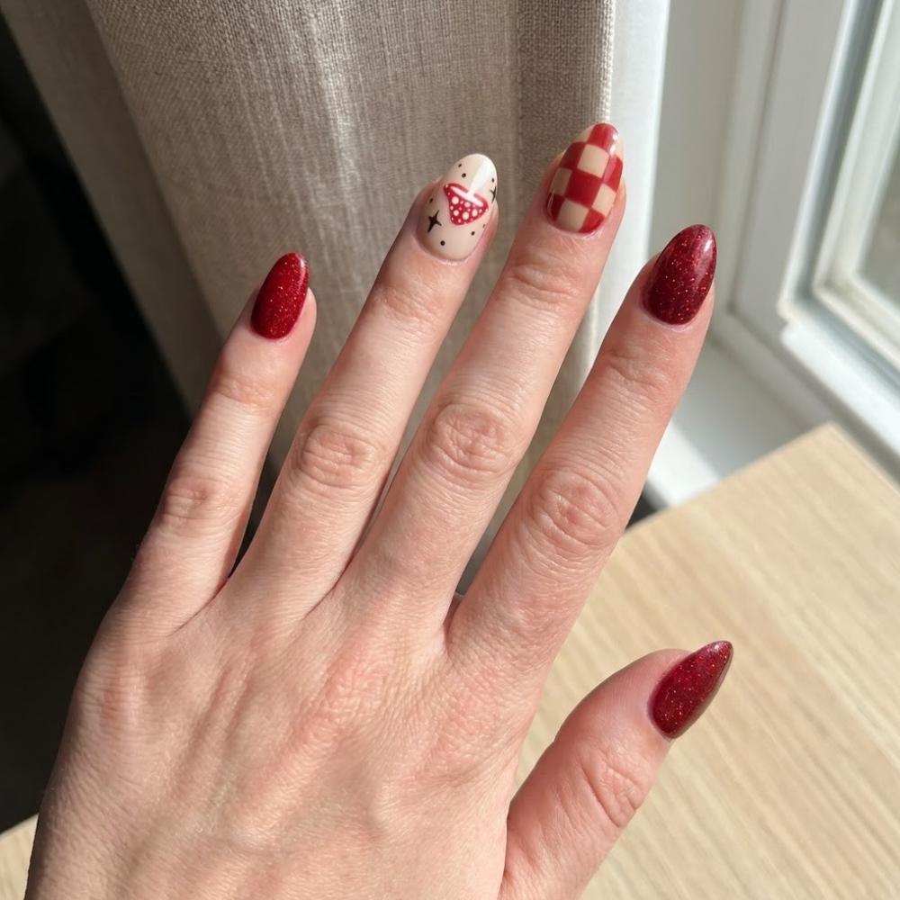 Red Mushroom and Floral Plaid Press On Nails With Glitter