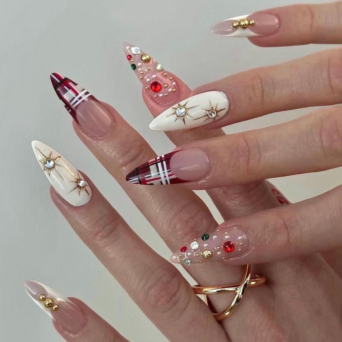 Red Plaid Christmas Nail Set With Gold Starbursts and Rhinestones