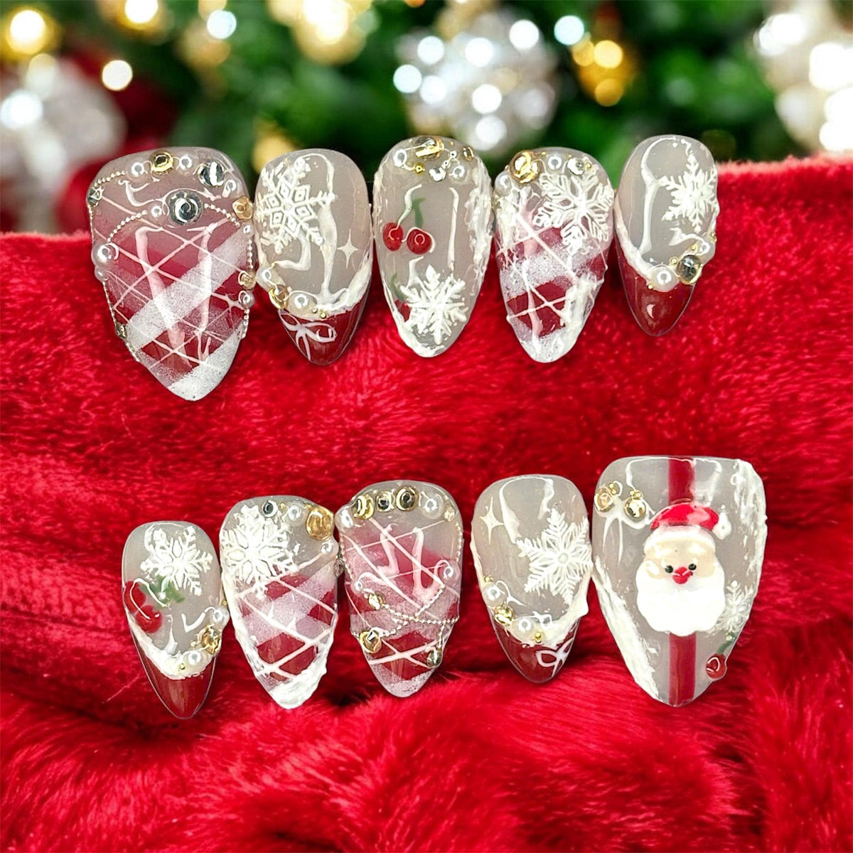 Red Plaid Snowflake Santa Christmas Press-On Nails
