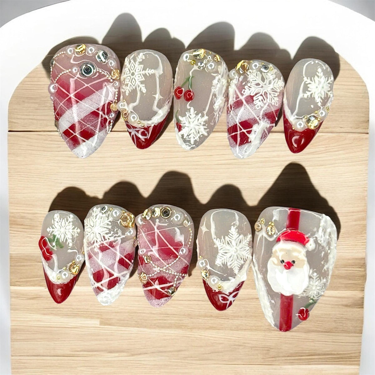 Red Plaid Snowflake Santa Christmas Press-On Nails