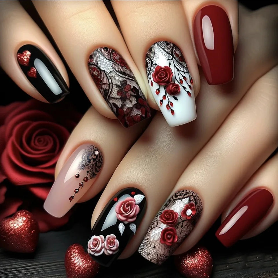 Red Rose and Black Lace Press-On Nail Set with Raised Floral Details