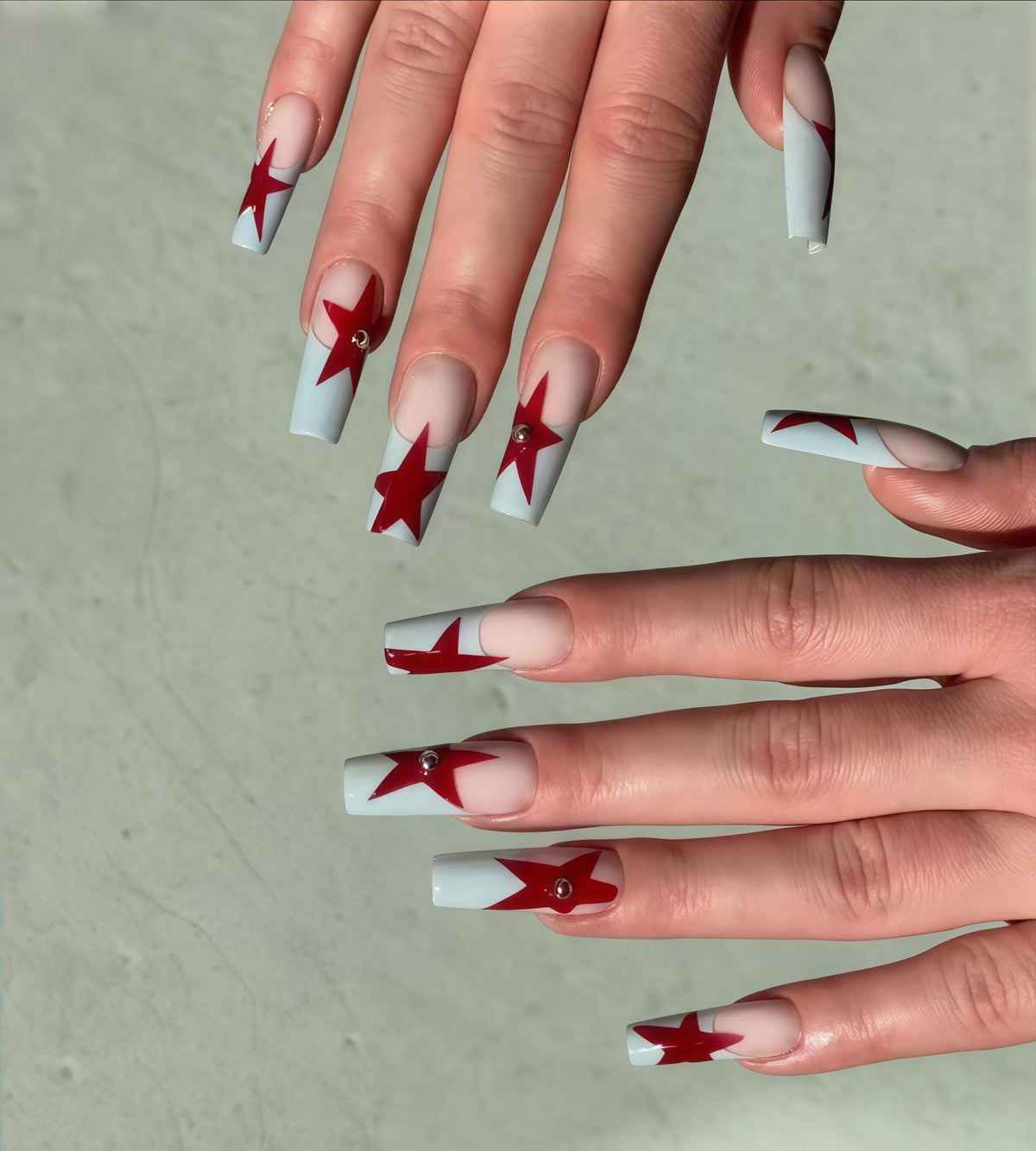 Red Star French Tip Nail Set with Rhinestone Accents