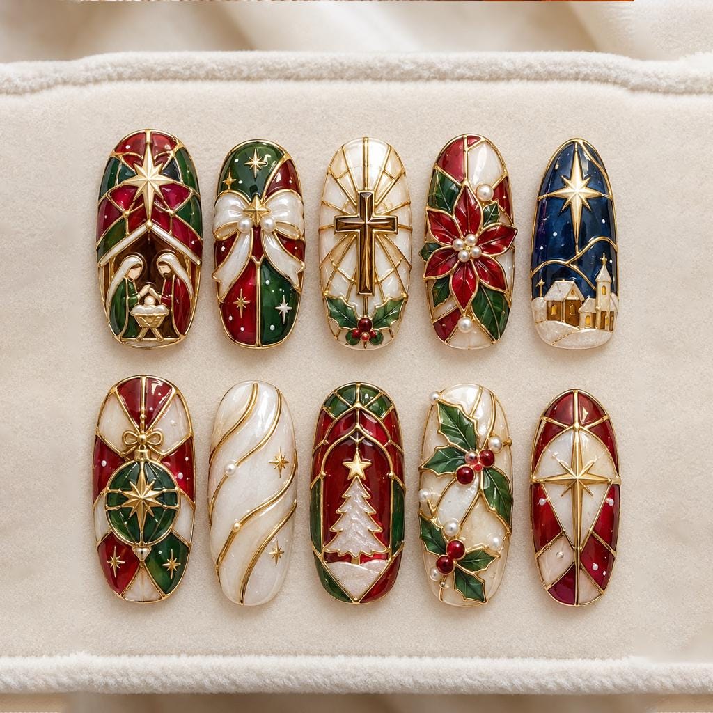 Religious Christmas Nail Set With Nativity, Cross, Gold Trim, and Jewel Accents