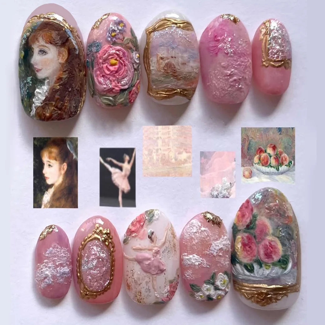 Renaissance Rose Press-On Nails with Portraits and Raised Gold Details