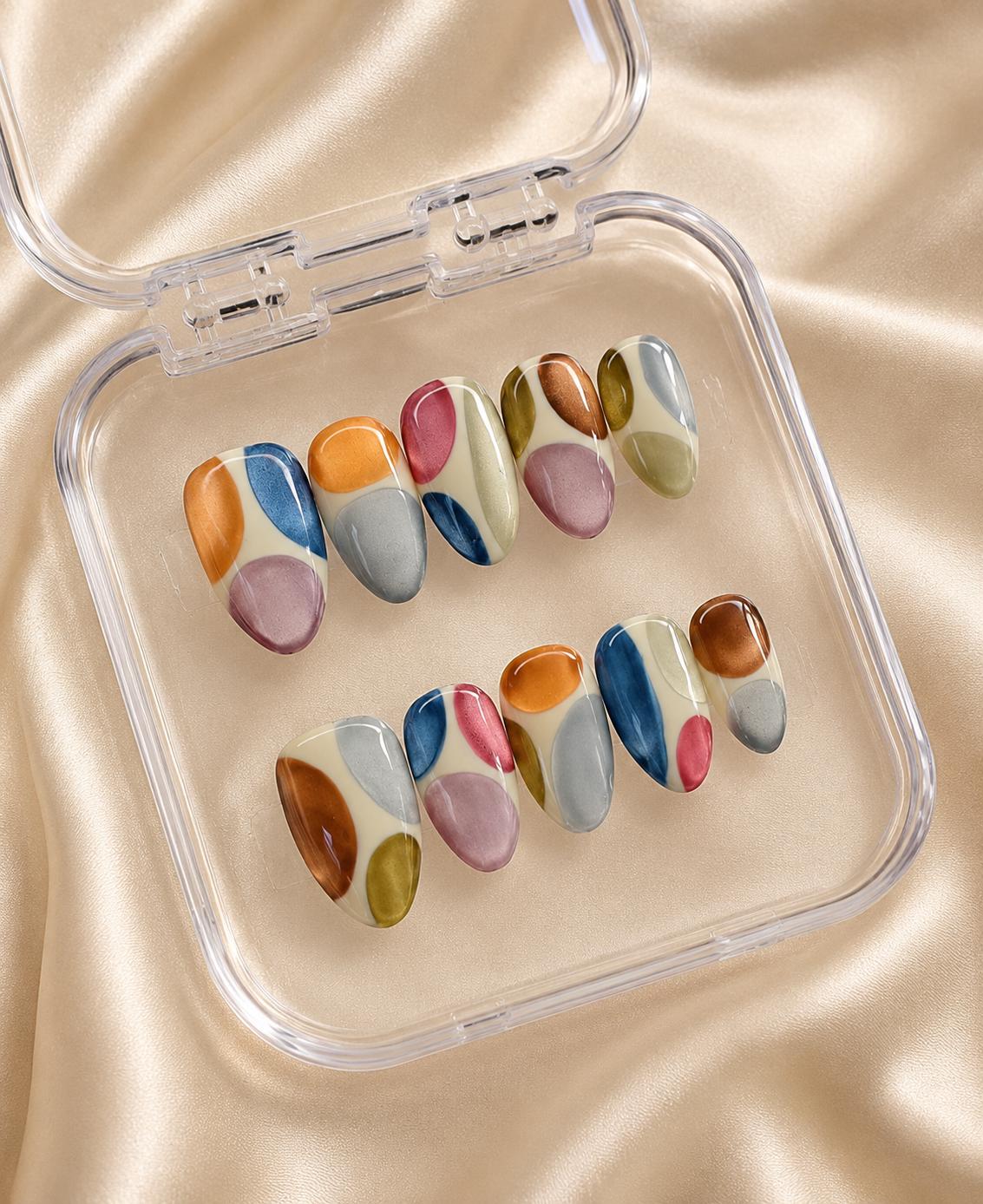 Retro Abstract Color-Block Cat-Eye Press-On Nails