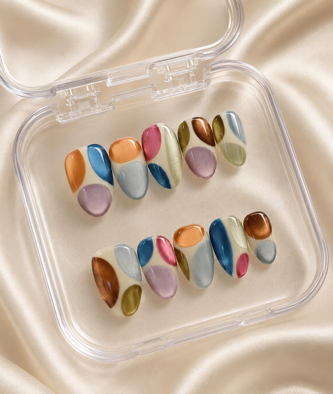 Retro Abstract Color-Block Cat-Eye Press-On Nails