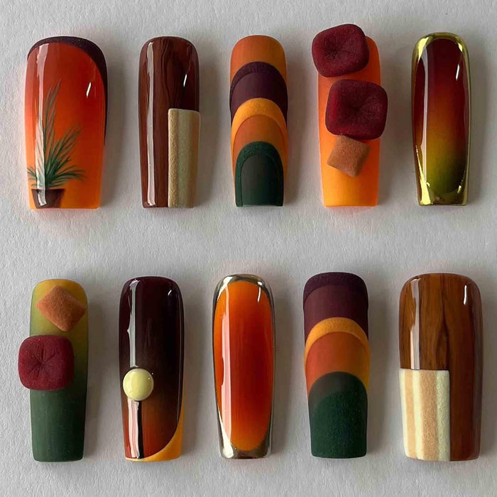 Retro Autumn Geometric Press On Nails With Raised Burgundy and Orange Cubes