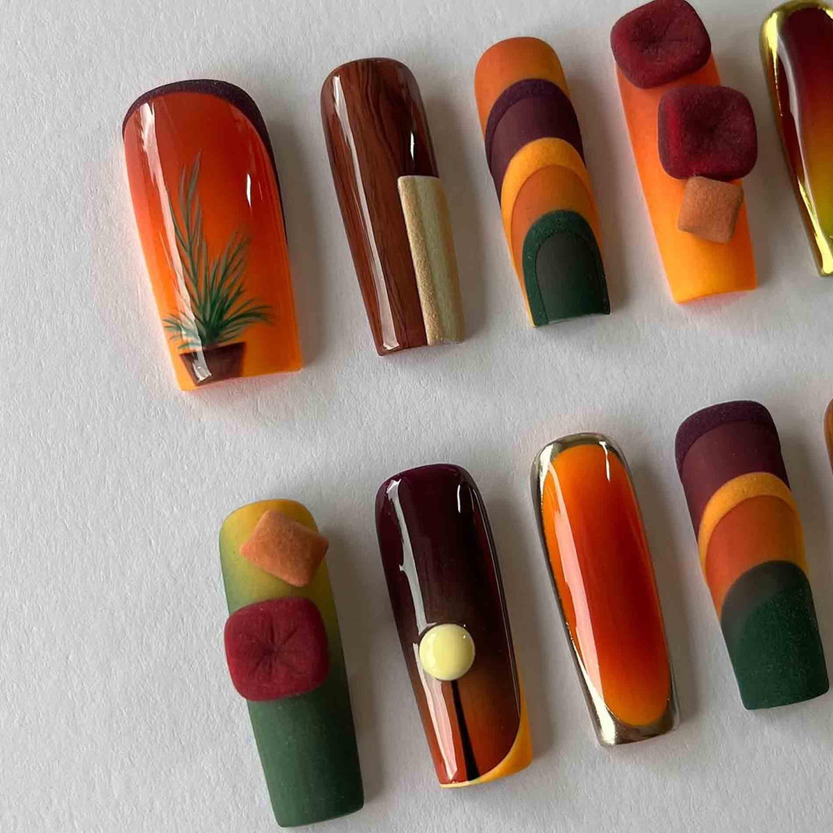 Retro Autumn Geometric Press On Nails With Raised Burgundy and Orange Cubes