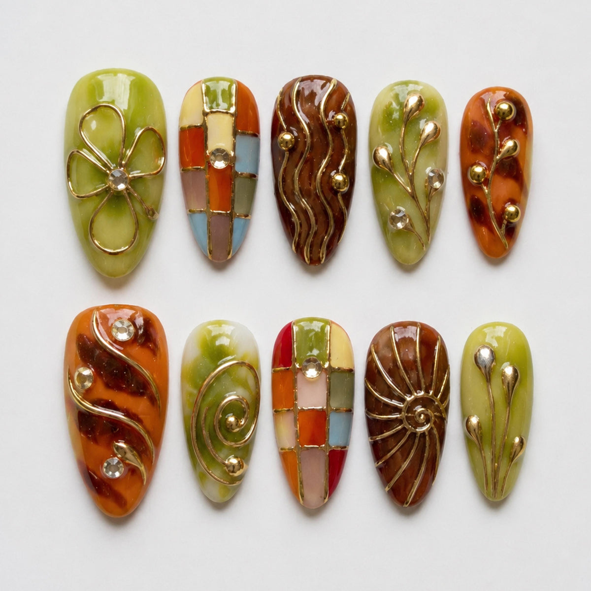 Retro Botanical Press-On Nails With Earthy Colors and Gold Linework