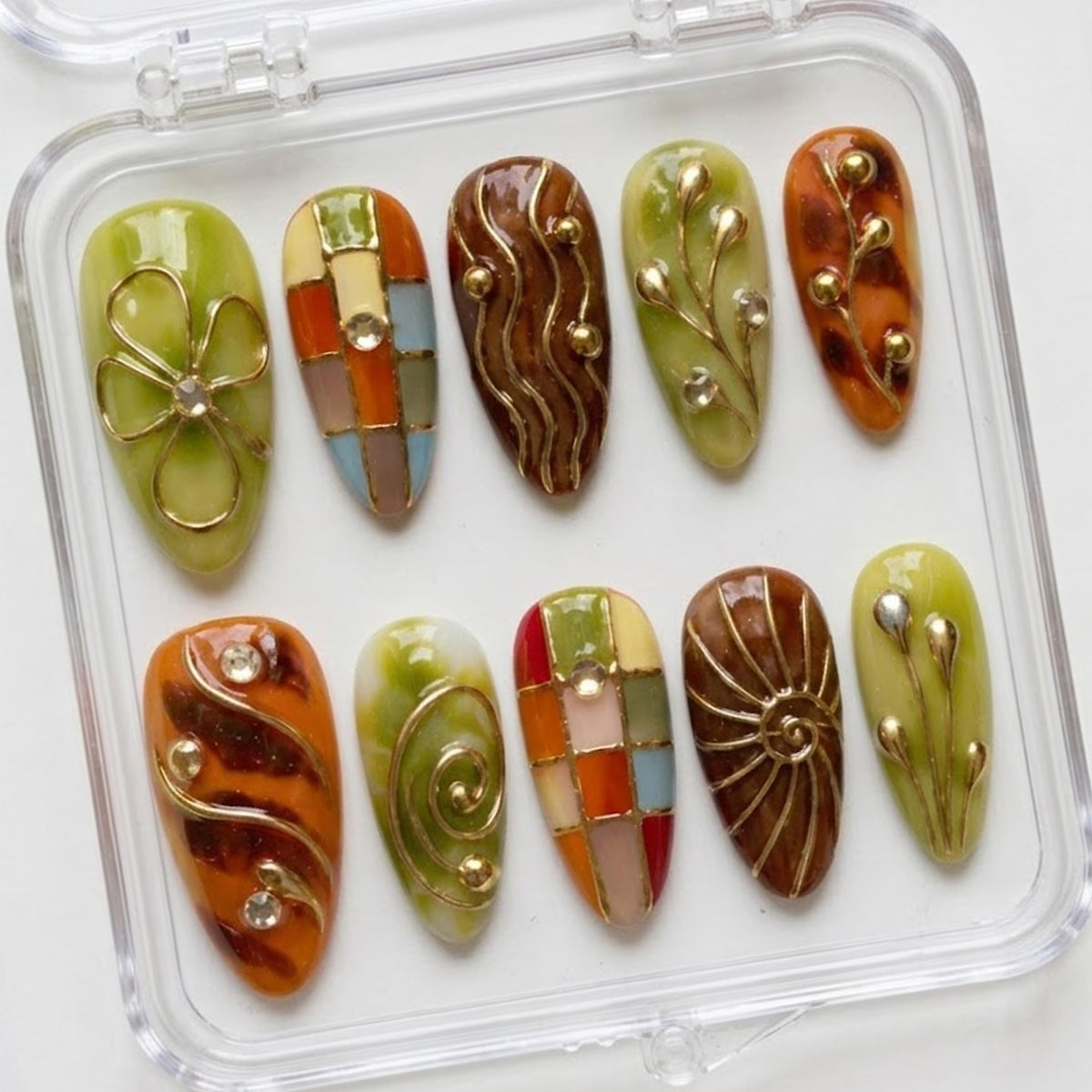 Retro Botanical Press-On Nails With Earthy Colors and Gold Linework