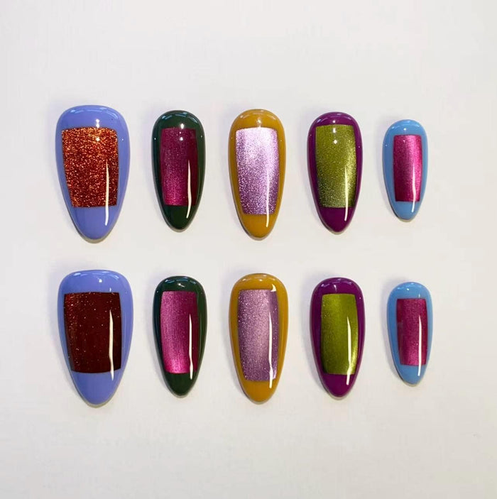 Retro Colorblock Cat Eye Press-On Nails in Jewel Tones and Glitter