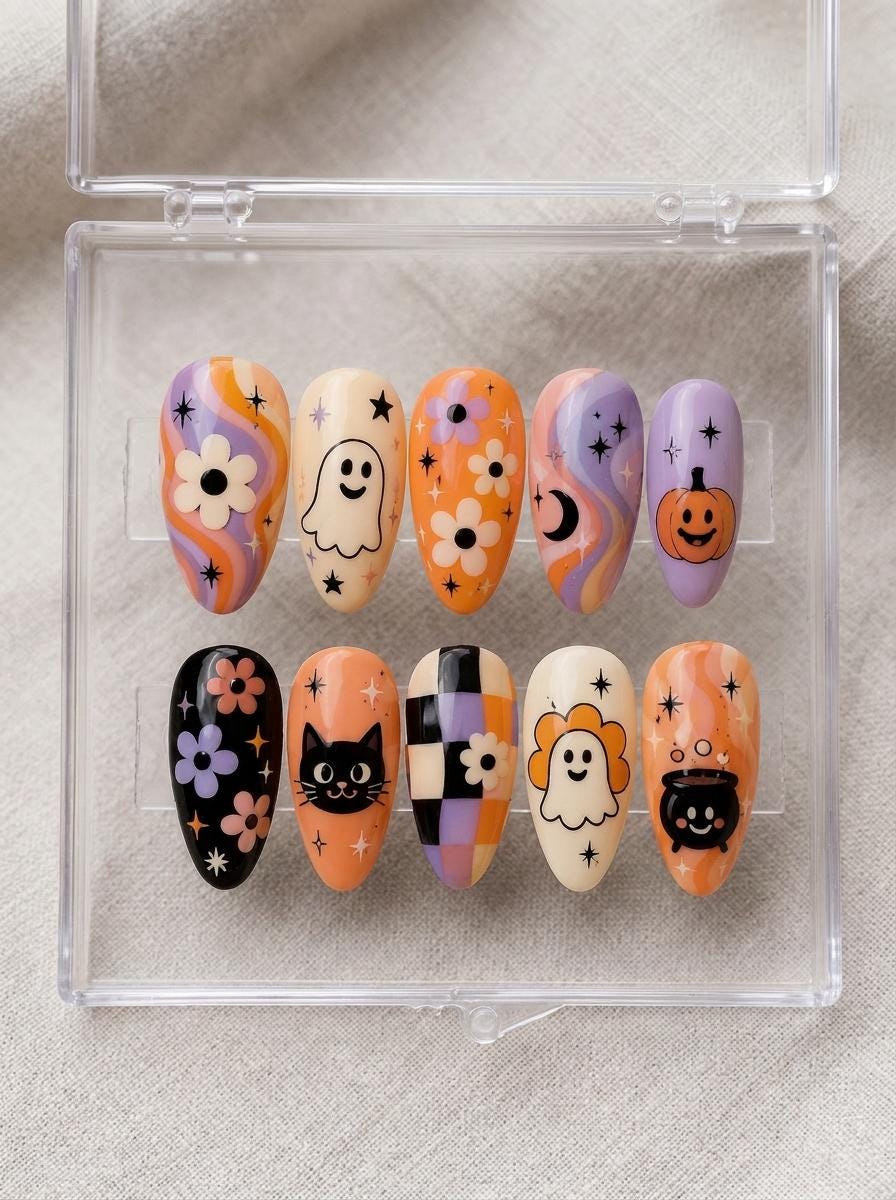 Retro Halloween Press-On Nails with Ghosts, Pumpkins, Cats, and Checkerboard