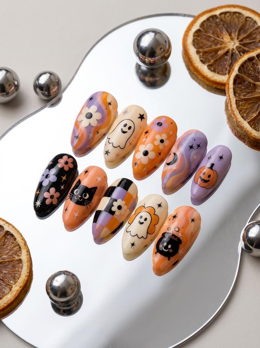Retro Halloween Press-On Nails with Ghosts, Pumpkins, Cats, and Checkerboard