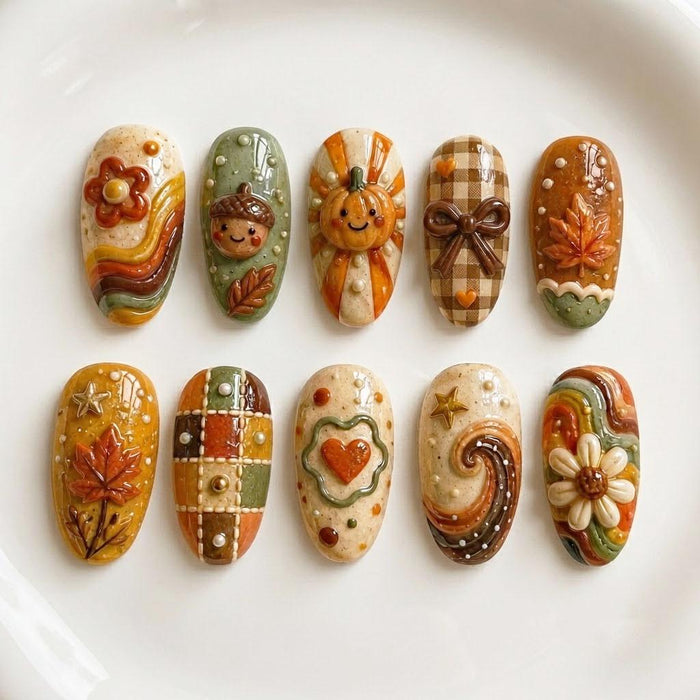 Retro Harvest Press On Nails With Pumpkins, Plaid, Leaves and 3D Flowers